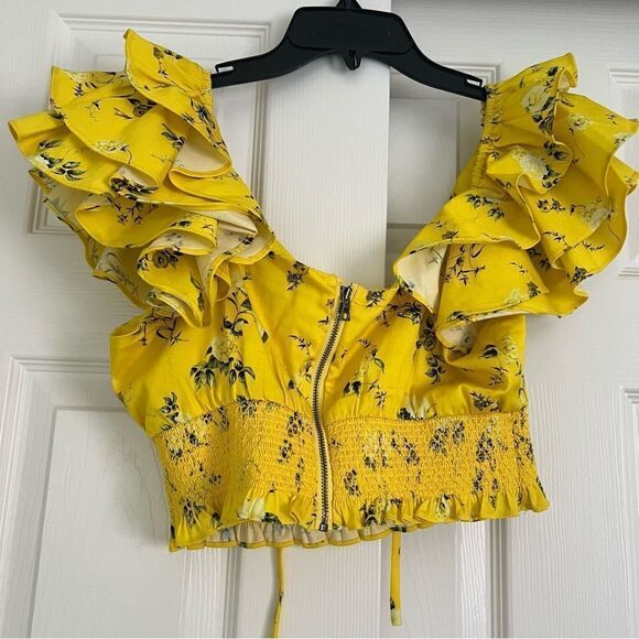 Alice + Olivia Ruffle Sleeve Tie Front Cropped Top Sunbeam Small MSRP $458 - Picture 7 of 10